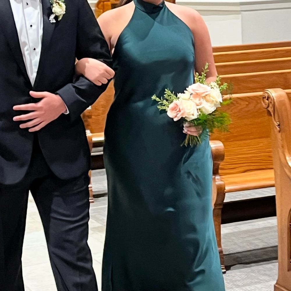Dessy Evergreen Satin Bridesmaid Dress - Size L
- worn once
- dry cleaned